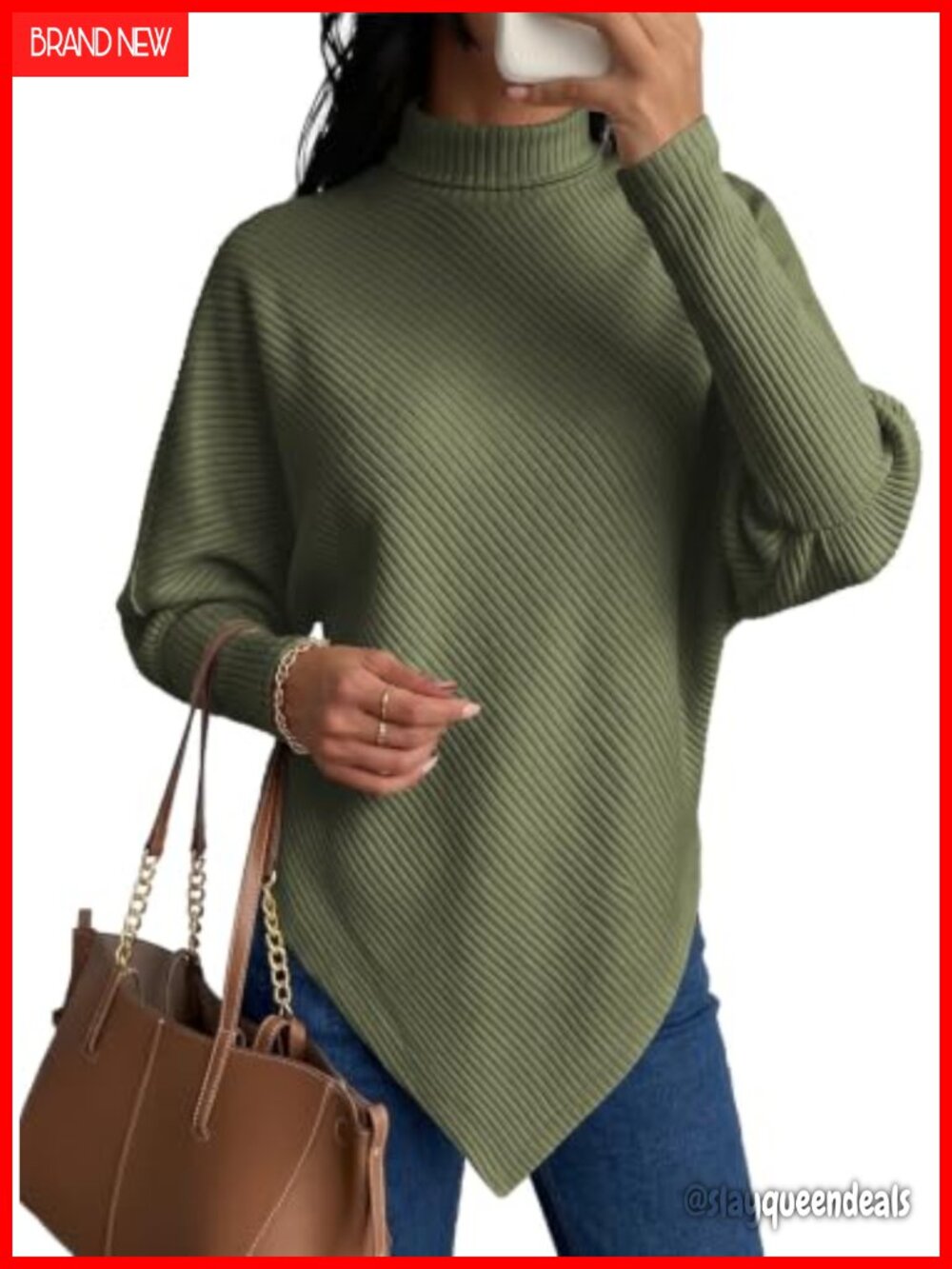 Women's Turtle Neck Oversized Knit Sweater Asymmetrical Hem Pullover